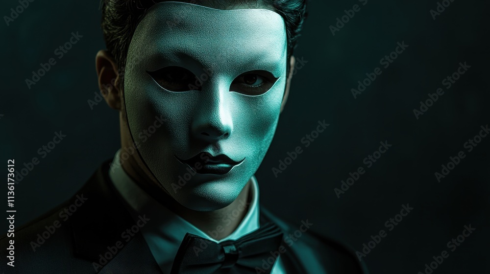 Poster mysterious figure in phantom mask with elegant attire and dark background