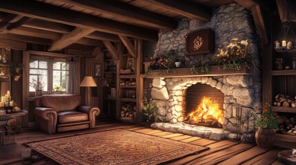 A rustic living room with a stone fireplace, large wooden beams, and a cozy leather armchair by the hearth