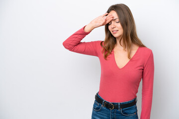 Fototapeta premium Young caucasian woman isolated on white background with tired and sick expression