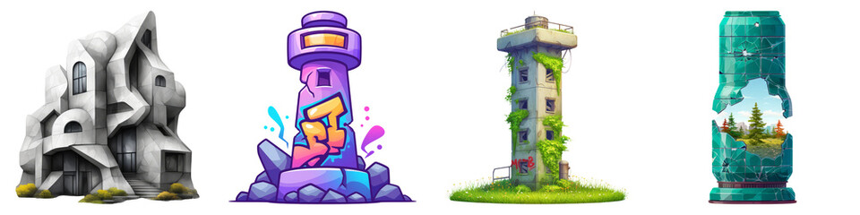 ruined and skyscrapers concept. Stylized tower structures and artistic elements on Transparent background.