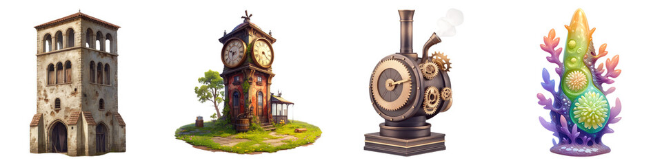 Fototapeta premium ruined and skyscrapers concept. Fantasy-themed whimsical structures and objects on Transparent background.