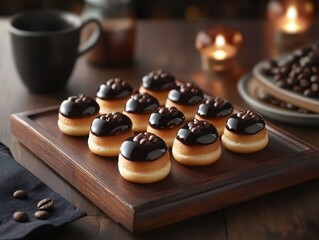 A wooden platter with small chocolate-covered pastries topped with coffee beans, accompanied by coffee.