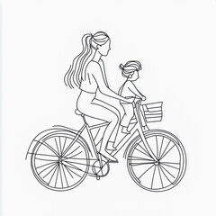 Single Continuous Line Art of Mother with Baby on a Bike, Family Doodle Illustration, Isolated on White Background.