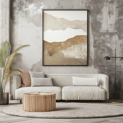 Frame mockup, ISO A paper size. Living room wall poster mockup. Interior mockup with house background. Modern interior design. 3D render