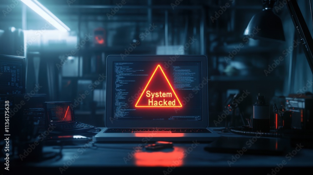 Poster computer screen showing hacked warning in dark office environment