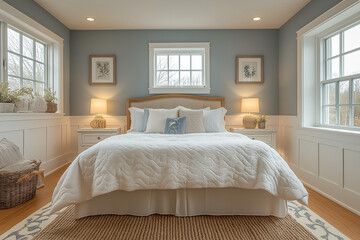 Fototapeta premium Photographie immobilière d'une chambre d'invités contemporaine élégante et confortable avec lit queen-size