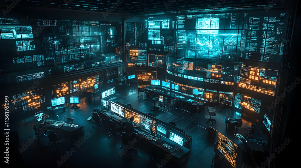 Poster futuristic control room with numerous monitors displaying data.
