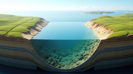 Realistic 3D Cross-Sectional Depiction of a Tranquil Sea Channel with Diverse Terrain and Seabed Structures