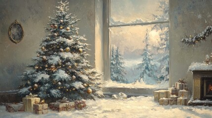 Fototapeta premium Elegant winter holiday scene with a Christmas tree, shiny baubles, snow-covered presents, and a frosty atmosphere, ideal for seasonal marketing.
