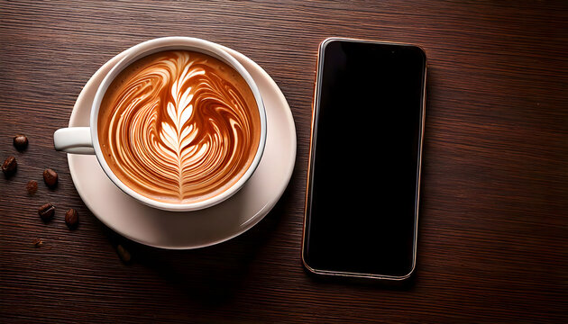 Coffee with latte art beside a smartphone on a wooden table in a cozy cafe setting - Powered by Adobe