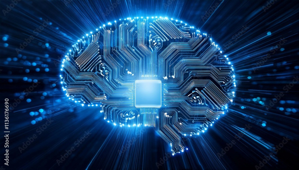 Poster intricate circuit board with illuminated brain symbol representing artificial intelligence technolog