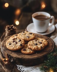 A cozy scene featuring cookies on a wooden platter with a cup of coffee and festive lights.