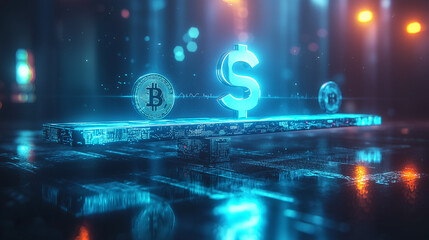 Fototapeta premium Glowing Bitcoin and dollar symbols on a futuristic platform represent the interplay between cryptocurrency and traditional finance in the digital age Blockchain technology shapes the future