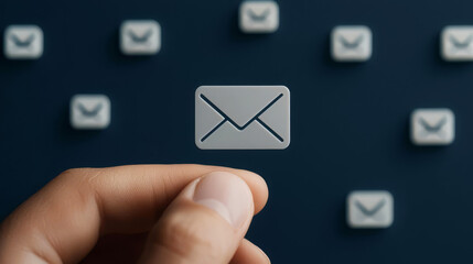 A hand holds a gray envelope icon against a dark background with several similar icons, symbolizing email communication and connectivity.