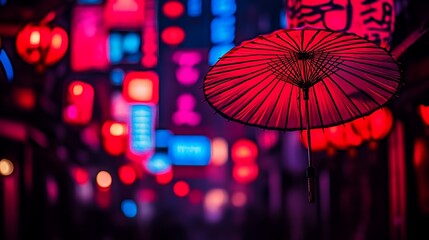 Red umbrella with vibrant neon street lights at night.