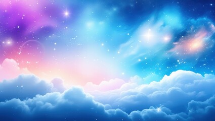 Dreamy night sky, ethereal clouds, vibrant nebula, cosmic swirls, starry expanse, pink and blue gradient, celestial landscape, magical atmosphere, glowing stars, fantasy skyscape, surreal space scene,