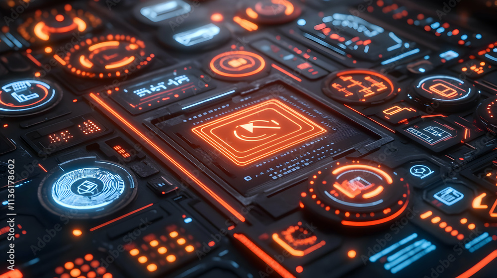 Aufkleber futuristic digital interface with glowing icons and central processor.