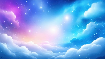 Naklejka premium Dreamy night sky, ethereal clouds, vibrant nebula, cosmic swirls, starry expanse, pink and blue gradient, celestial landscape, magical atmosphere, glowing stars, fantasy skyscape, surreal space scene,