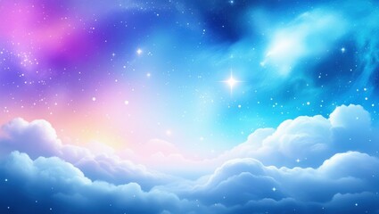 Fototapeta premium Dreamy night sky, ethereal clouds, vibrant nebula, cosmic swirls, starry expanse, pink and blue gradient, celestial landscape, magical atmosphere, glowing stars, fantasy skyscape, surreal space scene,