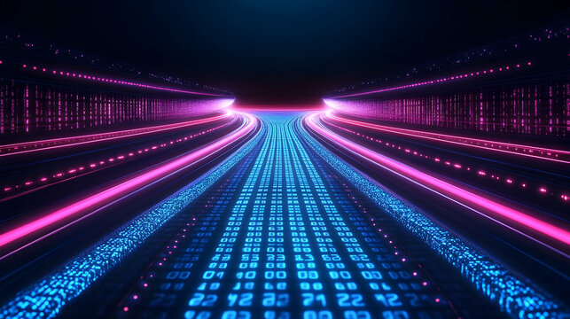 Futuristic glowing binary code road.
