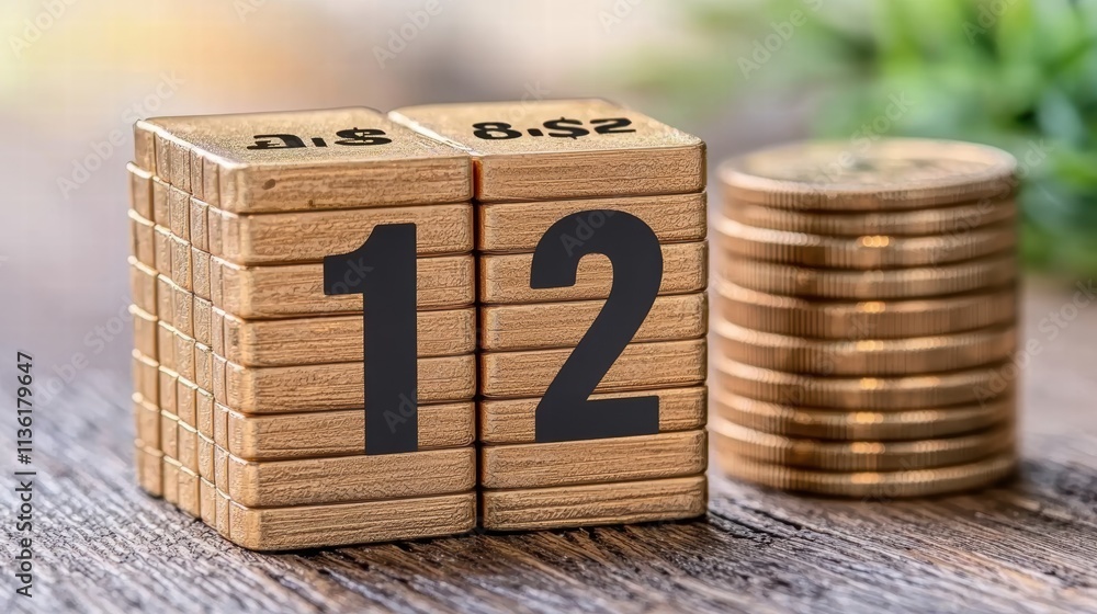 Poster golden blocks displaying number twelve with coins in background