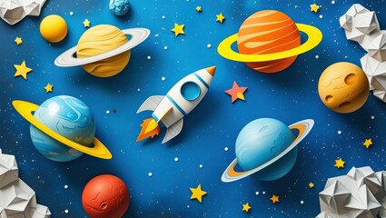 Space exploration, retro cartoon rocket ship, colorful planets, cosmic journey, paper cut-out style, vibrant colors, starry background, Saturn-like rings, shooting star, playful space adventure, blue 