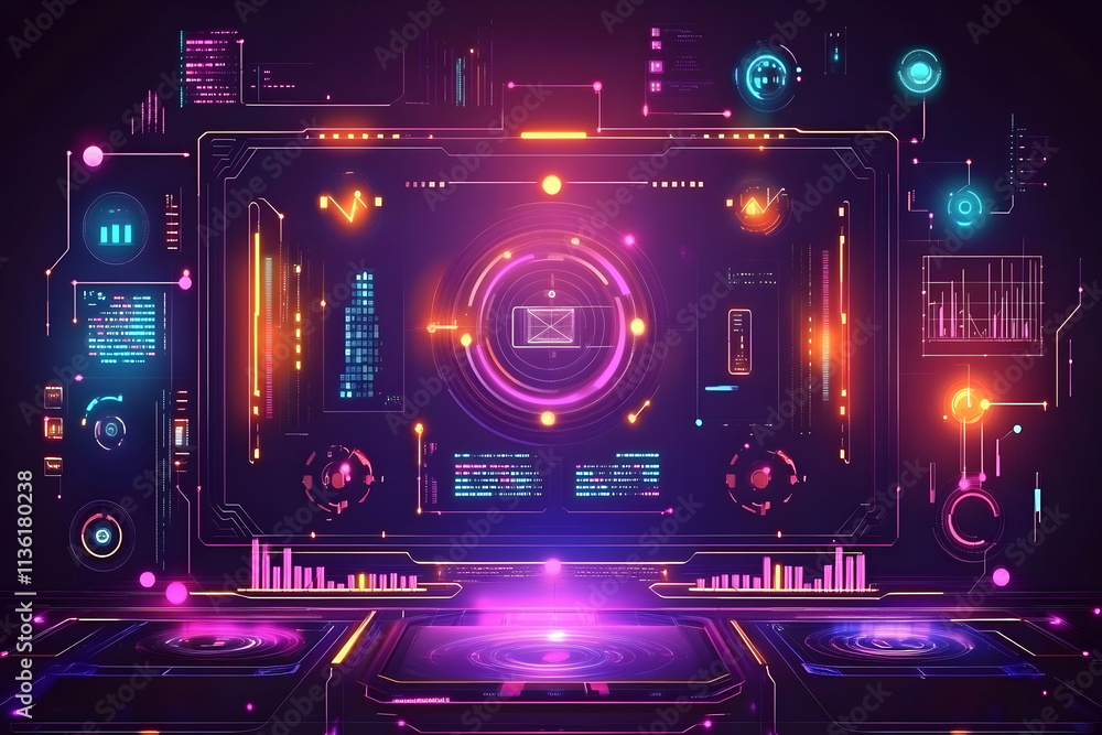 Poster futuristic interface with glowing digital elements and data visualization.