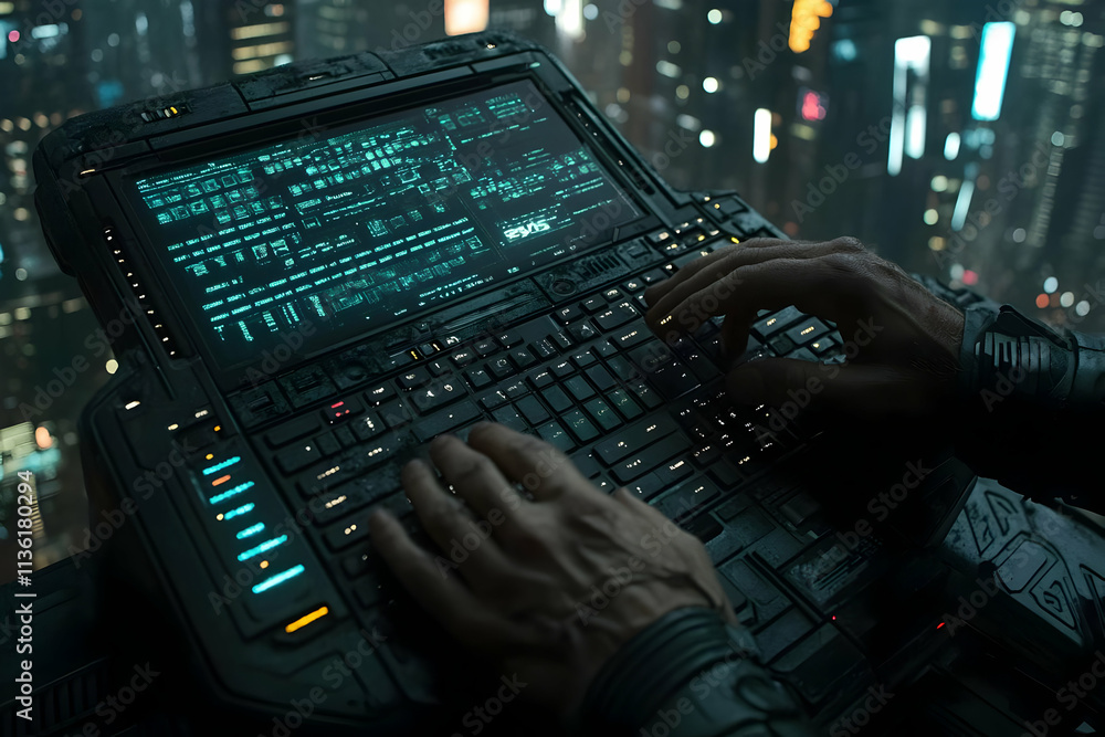Poster futuristic keyboard with hands typing code against cyberpunk city backdrop.
