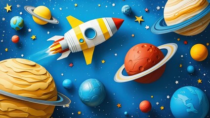 Space exploration, retro cartoon rocket ship, colorful planets, cosmic journey, paper cut-out style, vibrant colors, starry background, Saturn-like rings, shooting star, playful space adventure, blue 