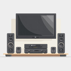 Obraz premium Flat Icon Home Theater System with Flat Screen T V and Speakers on Wooden Shelf for Modern Living Room Design and Entertainment Setup