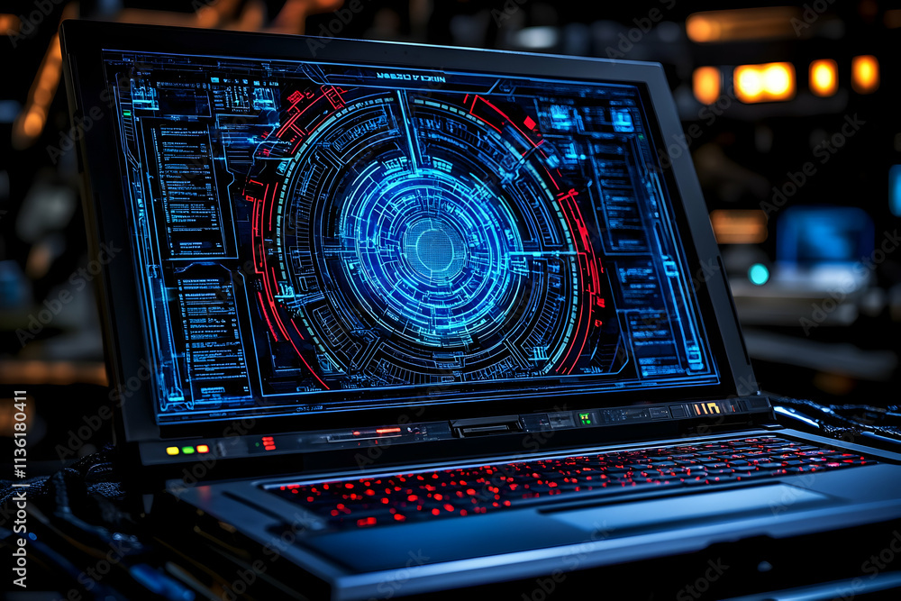 Aufkleber futuristic laptop displaying a complex digital interface.