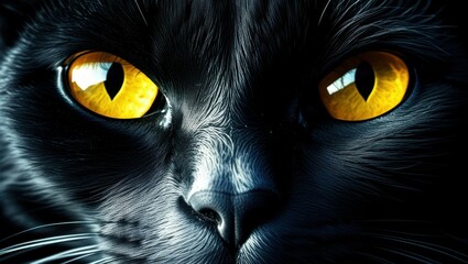 close-up of black cat face, intense yellow eyes, glowing feline gaze, dark fur, mysterious atmosphere, high contrast, dramatic lighting, sharp focus, detailed eye texture, sleek and enigmatic, night p