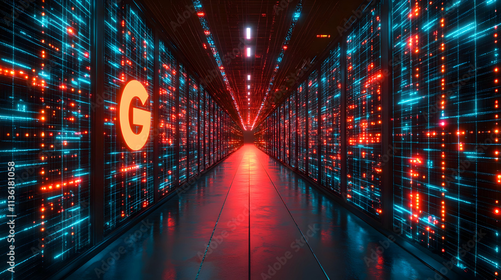 Poster futuristic server room corridor with glowing data streams.
