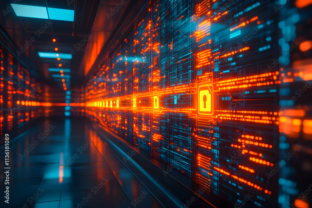 Poster futuristic server room with glowing data streams and security icons.
