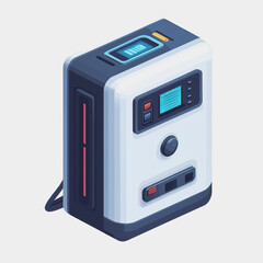 Fototapeta premium Portable power station flat icon design featuring a white and blue device with a red button for eco-friendly energy solutions