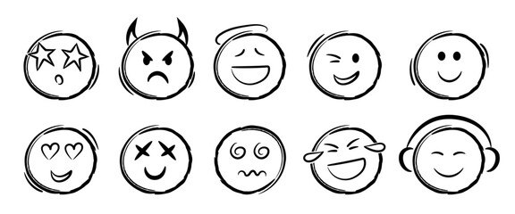Doodle emoji face icons set. Sketch style ink brush vector. Different expressions vector faces. Devil, angel, listening to music, in love, laughing, hypnosis, star eyed.