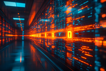 Fototapeta premium Futuristic server room with glowing data streams and security icons.
