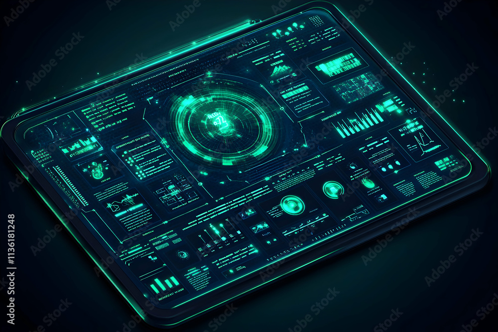 Poster futuristic tablet displaying digital data, graphs, and charts with glowing green interface.