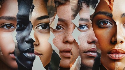 A collage of diverse faces, each with different expressions and skin tones, representing the beauty in diversity.