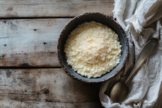 A bowl of creamy risotto topped with grated cheese on a rustic wooden table.