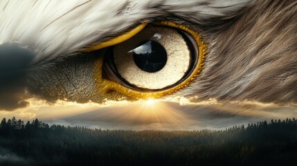 A close-up of a majestic eagle's eye, set against a dramatic landscape of mountains and clouds, highlighting nature's beauty and power.