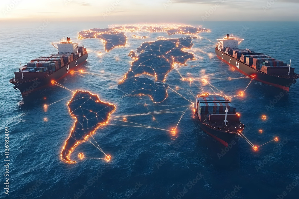 Poster global shipping network with container ships connecting continents.
