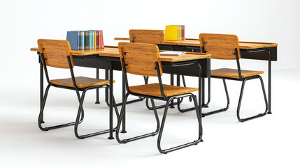 Classroom with wooden desks and chairs, featuring colorful books on top. setup creates vibrant learning environment, ideal for students and educational activities