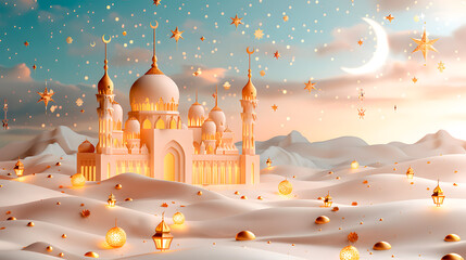 Enchanting arabian palace at sunset with golden lanterns and stars in dreamlike desert landscape