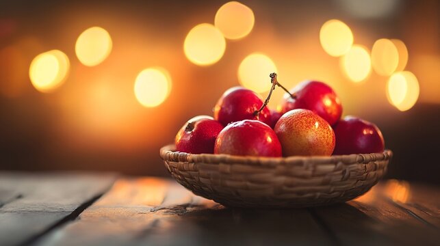 Ripe red plums resting in woven basket on rustic wooden table with warm bokeh lights