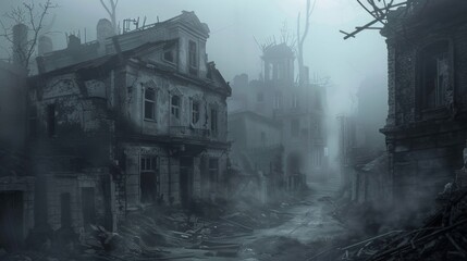  Ruined buildings with broken windows and crumbling facades line the streets, suggesting a past event of destruction and decay. The overall atmosphere is bleak and haunting.