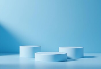 Round and square podiums on a blue background with shadows, 3d render