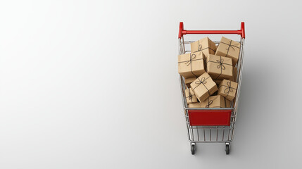 Shopping cart filled with gift boxes, symbolizing holiday shopping and excitement. Perfect for showcasing consumerism and festive spirit