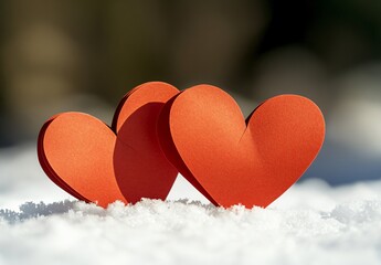 Fototapeta premium Two Red Paper Hearts in Snow Winter Love