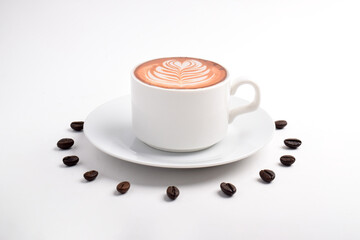 Coffee Mug with Latte Art and coffee beans on white background forming clock dial isolated on white background.